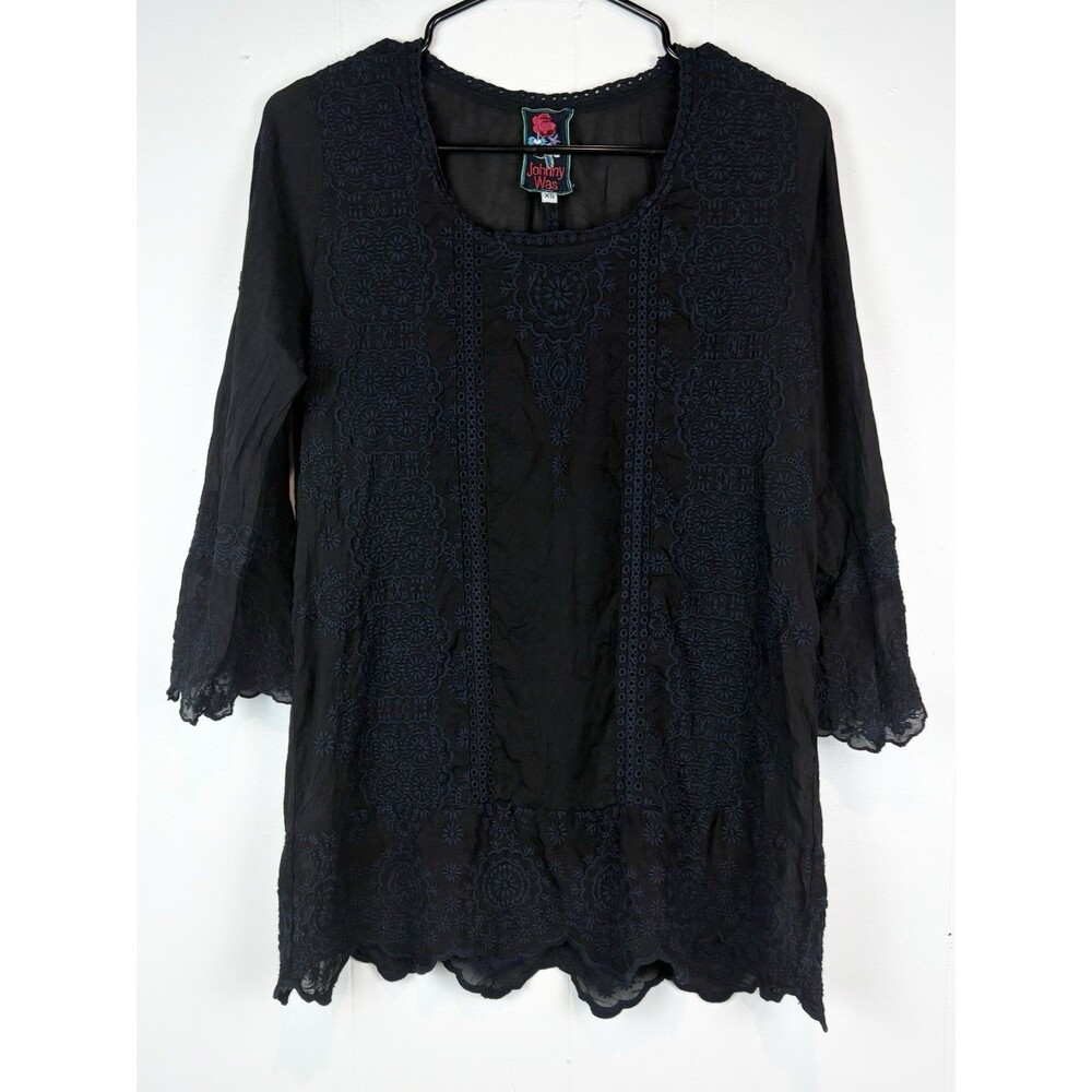 Johnny Was Blouse XS Black Embroidered Top Boho Tunic Sheer